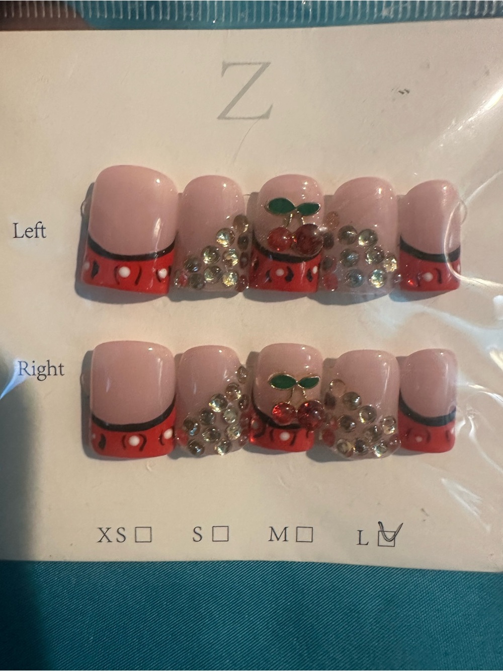 Pink Press-On Nails with Red Cherry & Rhinestone Accent